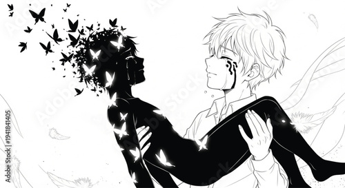 Black and white manga style illustration of man with dark emotions escaping