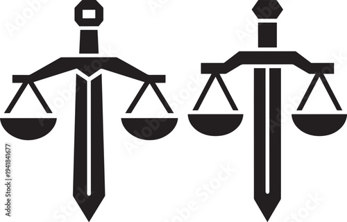 Scales of Justice and Sword Icon Set: Legal System and Law Concepts