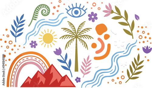 Colorful abstract nature doodle elements with sun, palm tree, rainbow, mountains, leaves and waves, modern boho vector illustration set