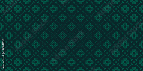 Subtle dark green abstract geometric ornament. Elegant seamless pattern with exquisite grid, floral shapes, lattice, tiles. Luxury vector background texture. Repeated geo design for decor, wallpapers