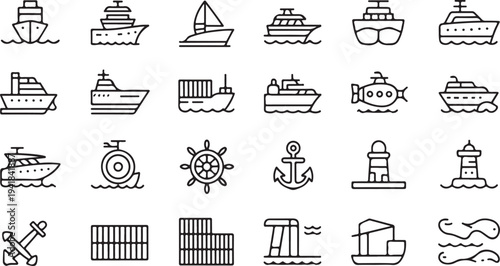 Various types of ships and nautical symbols in black and white line boat sailboat