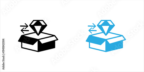Minimal outline icon set. of open box with diamond and exchange arrows. Product upgrade, premium package, value improvement and ecommerce product enhancement concept.