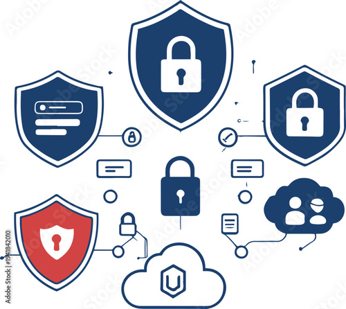 Minimal cybersecurity icon set including shield lock, secure password key, firewall protection, encrypted cloud storage, and hacker alert symbol, thin outline vector icons, modern security theme