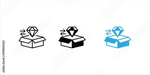 Minimal outline icon set. of open box with diamond and exchange arrows. Product upgrade, premium package, value improvement and ecommerce product enhancement concept.