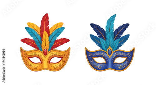 Two decorative carnival masks, one golden with multicolored feathers and one blue with blue-green feathers, are presented on a clean white surface.