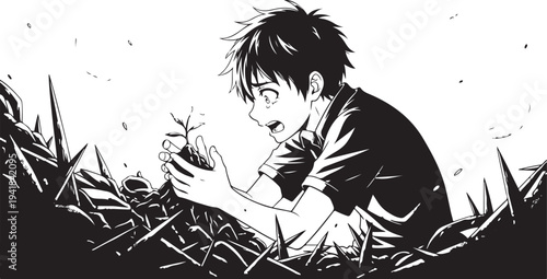 Black and white manga style illustration of a boy holding a plant