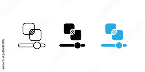 Minimal black outline icon of overlapping interface elements with slider control. UI customization, software settings and digital interface adjustment concept.