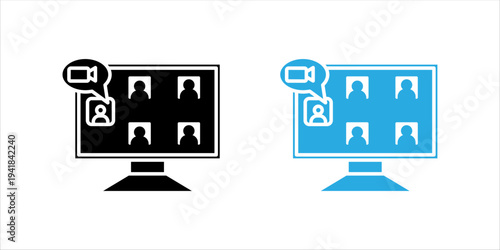 Black outline icon set.. of computer monitor showing video conference participants with camera symbol. Online meeting, remote communication and virtual teamwork concept.