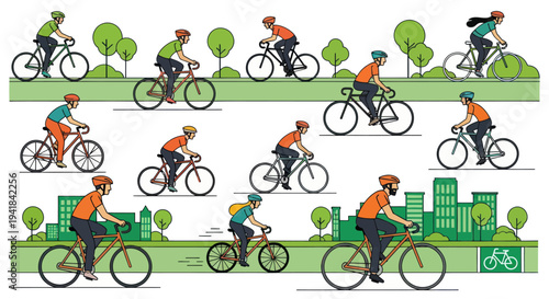 Vector illustration of diverse cyclists riding bikes with helmets and backpacks in a city and park setting.