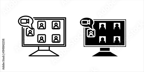 Black outline icon set.. of computer monitor showing video conference participants with camera symbol. Online meeting, remote communication and virtual teamwork concept.