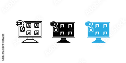 Black outline icon set.. of computer monitor showing video conference participants with camera symbol. Online meeting, remote communication and virtual teamwork concept.