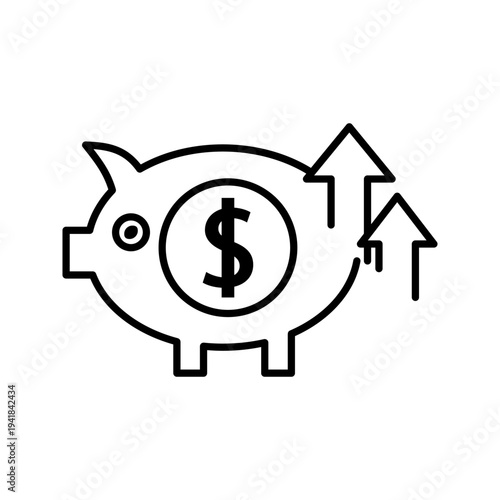 Black outline icon of piggy bank with dollar symbol and upward arrows. Savings growth, financial investment, personal finance and wealth management concept.