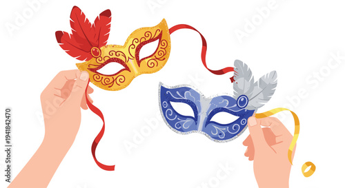 Two hands are holding ornate carnival masks, one golden with red feathers and the other blue with silver feathers, against a plain white background.