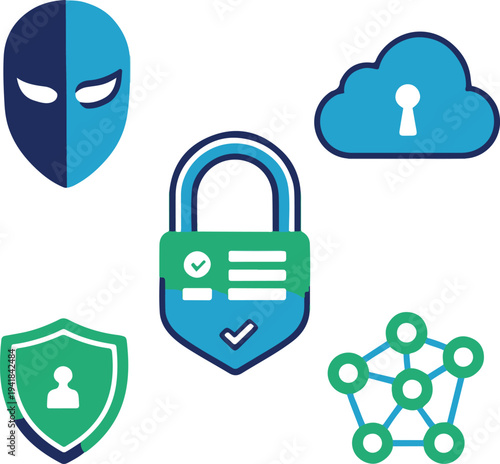 Minimal digital security icon set including hacker mask warning, protected cloud, password login interface, shield checkmark, and secure network connection, thin stroke vector icons