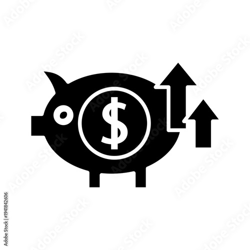 Black outline icon of piggy bank with dollar symbol and upward arrows. Savings growth, financial investment, personal finance and wealth management concept.
