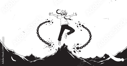 Vector illustration of a person jumping on a mountain with swirling particles