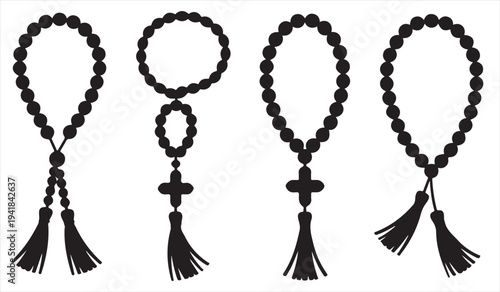 Rosary prayer beads silhouettes with cross and tassel religious symbol set