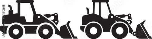 Front loader construction vehicle silhouette icons, set of two, isolated on white background, industry and transport concept