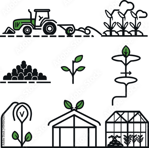 Fotografi Minimal farming icon pack showing tractor plowing field, crop sprout, irrigation