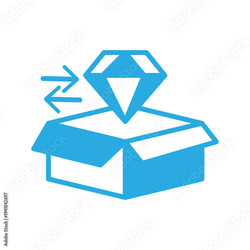 Minimal outline icon of open box with diamond and exchange arrows. Product upgrade, premium package, value improvement and ecommerce product enhancement concept.