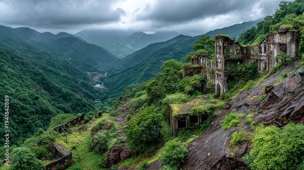 Obraz premium Overgrown Factory Ruins Surrounded by Lush Green Mountains and Clouds
