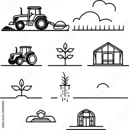Minimal farming icon pack showing tractor plowing field, crop sprout, irrigation drip system, farmer hat, and greenhouse structure, thin line vector design, simple modern outline icons, balanced 3