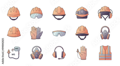 Collection of Industrial Safety Equipment and Protective Gear Icons.