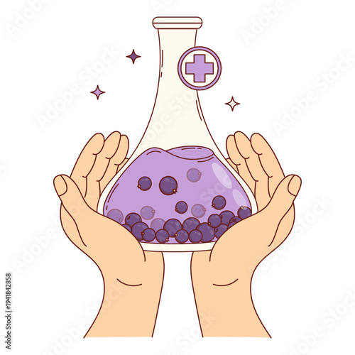 Human Hands with Laboratory Flask Blackcurrant Purple Extract. Concept Vitamin C. Natural Medicine and Pharmacy. Natural Antioxidant and Superfood Supplement . Vector Illustration