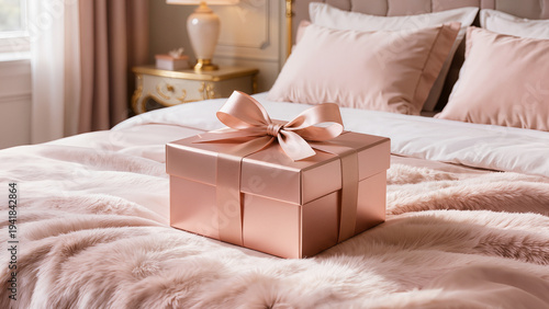 Wallpaper Mural gift box with white ribbon on a neatly made bed. Suitable for online store banner, gift advertising, holiday article, or packaging concept.
 Torontodigital.ca