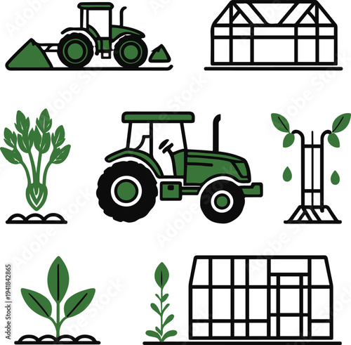 Minimal farming icon pack showing tractor plowing field, crop sprout, irrigation drip system, farmer hat, and greenhouse structure, thin line vector design, simple modern outline icons, balanced