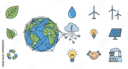 Sustainable Earth: A network of green energy and environmental icons surrounding the globe.