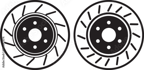 Car brake disc rotor icons, ventilated and solid types, set of two, black and white graphic, automotive industry concept