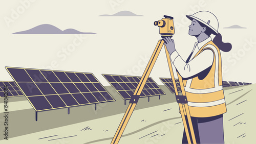 Female Surveyor, Total Station, Large Solar Array Field,  A vector illustration featuring a female surveyor in a yellow vest and hard hat, standing and looking through a total station.