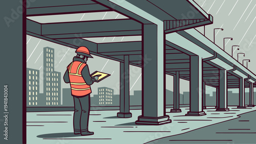 Surveyor with Tablet Inspecting Raining Overpass Bridge Construction, A vector illustration of a male surveyor in a red hard hat and orange vest, using a tablet to inspect plans under a large
