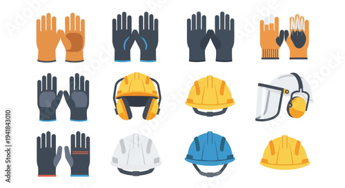 Collection of Various Protective Work Gloves and Helmets.