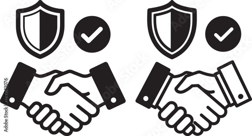 Handshake agreement icons with shield and checkmark, set of two, symbolizing trust and partnership, business concept