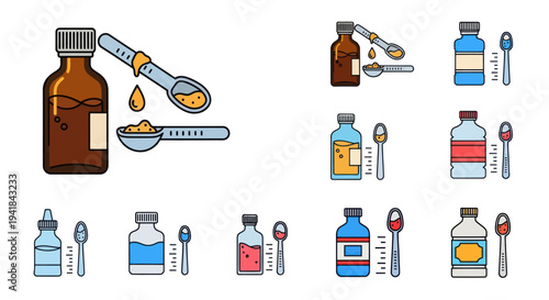 Medicine Bottles and Spoons: Various Syrup and Liquid Medication Doses.