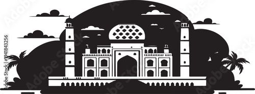 Taj Mahal Silhouette Vector Illustration in Black and White
