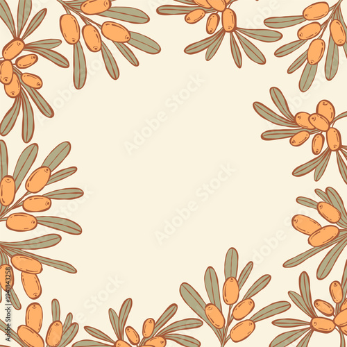 Sea Buckthorn Frame. Botanical Border Template with Orange Berries and Leaves on Light Background. Organic Product Square Banner with Empty Copy Space. Vector illustration hand-drawn