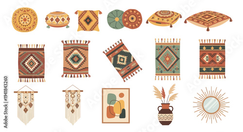 Bohemian Home Decor Collection: Rugs Pillows Wall Hangings and Decorative Accents.