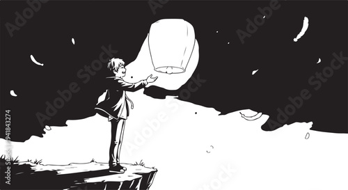 Vector illustration of man holding lantern in night landscape