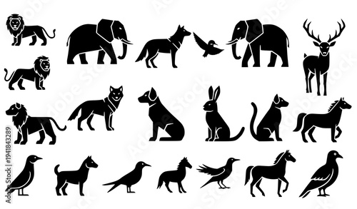 Wildlife and Pet Black Silhouette Vector Icon Set