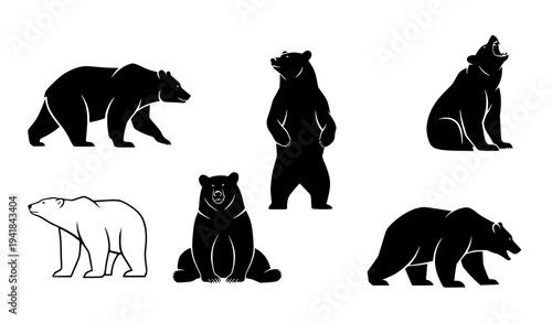 Wild Bear Silhouette Vector Icon Collection Black Minimal