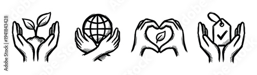 Set of four hand-drawn eco-friendly icons representing sustainability, global care, natural love, and ethical consumption in a sketchy monochrome doodle style