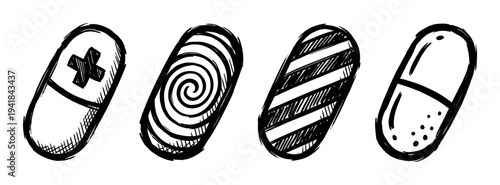 Four black and white hand-drawn pills with different patterns in a sketchy doodle style, a collection of medical icons representing pharmacy, treatment, and healthcare concepts