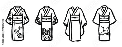 Four traditional Japanese kimono illustrations in a hand-drawn ink brush style, a collection featuring classic patterns like sakura blossoms, seigaiha waves, and a tsuru crane