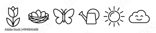 Set of black line art spring icons including a tulip flower, bird nest with eggs, butterfly, watering can, sun, and a cute smiling cloud in a minimalist outline style