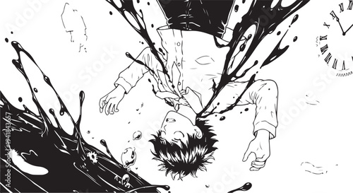 Vector illustration of man falling upside down with black ink splashes