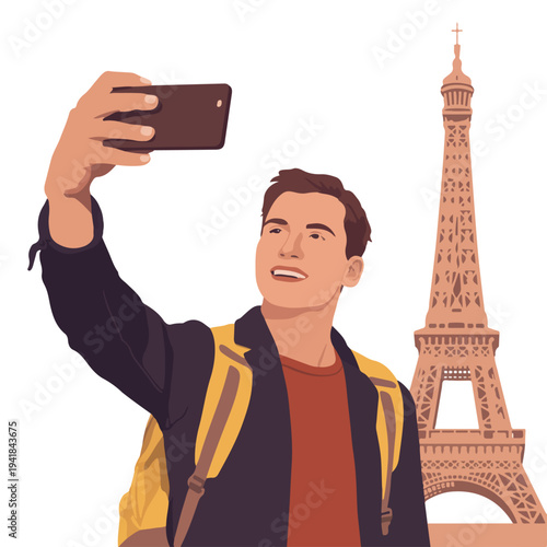 A young tourist taking a selfie in front of the Eiffel Tower with a smartphone