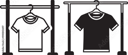 Two icons of t-shirts on hangers, one outlined and one solid black, representing clothing or fashion